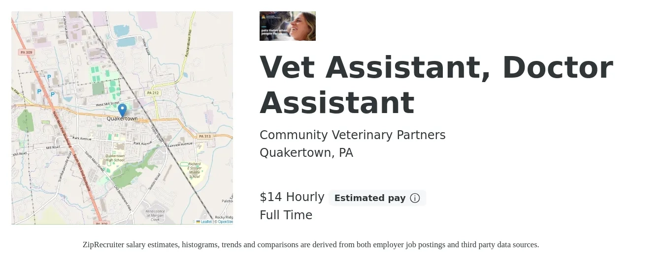 Community Veterinary Partners job posting for a Vet Assistant, Doctor Assistant in Quakertown, PA with a salary of $15 to $16 Hourly with a map of Quakertown location.