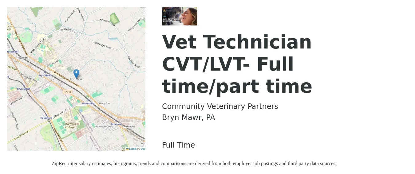 Community Veterinary Partners job posting for a Vet Technician CVT/LVT- Full time/part time in Bryn Mawr, PA with a salary of $16 to $22 Hourly with a map of Bryn Mawr location.