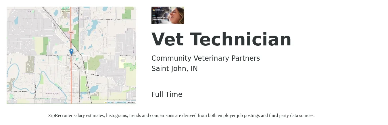 Community Veterinary Partners job posting for a Vet Technician in Saint John, IN with a salary of $17 to $24 Hourly with a map of Saint John location.