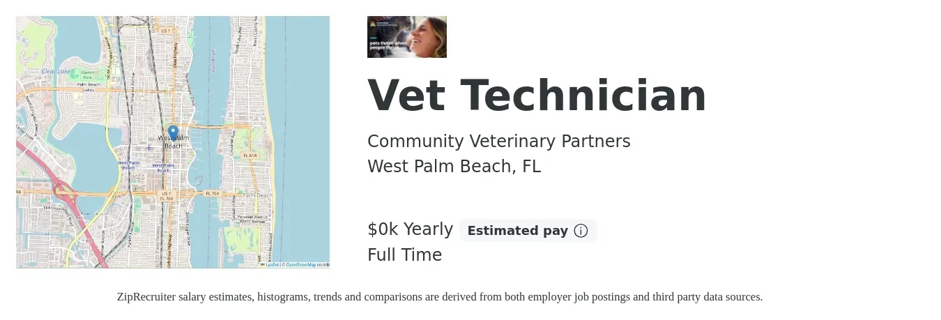 Community Veterinary Partners job posting for a Vet Technician in West Palm Beach, FL with a salary of $17 to $27 Yearly with a map of West Palm Beach location.