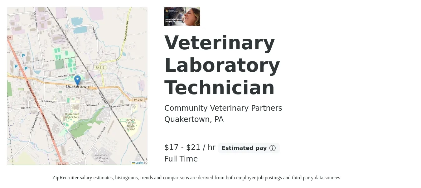 Community Veterinary Partners job posting for a Veterinary Laboratory Technician in Quakertown, PA with a salary of $18 to $22 Hourly with a map of Quakertown location.