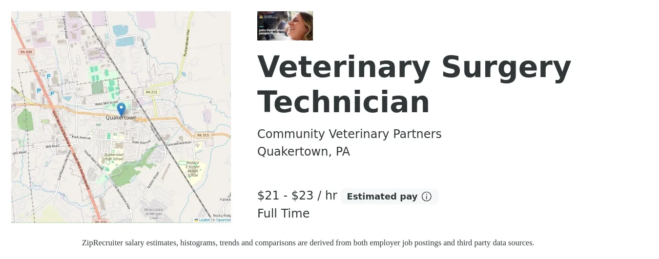 Community Veterinary Partners job posting for a Veterinary Surgery Technician in Quakertown, PA with a salary of $22 to $24 Hourly with a map of Quakertown location.