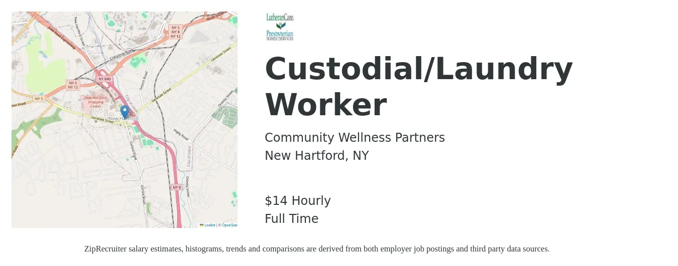 Community Wellness Partners job posting for a Custodial/Laundry Worker in New Hartford, NY with a salary of $15 to $18 Hourly with a map of New Hartford location.