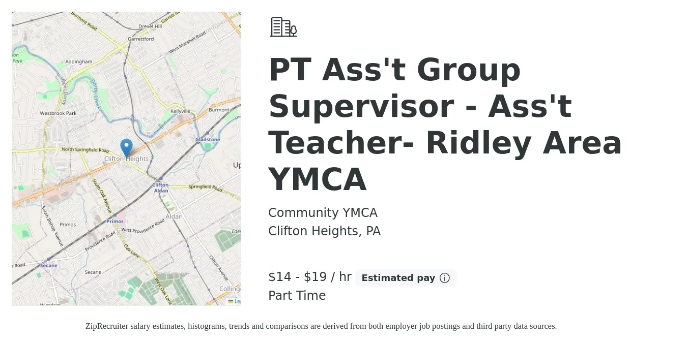 Community YMCA job posting for a PT Ass't Group Supervisor - Ass't Teacher- Ridley Area YMCA in Clifton Heights, PA with a salary of $15 to $20 Hourly with a map of Clifton Heights location.