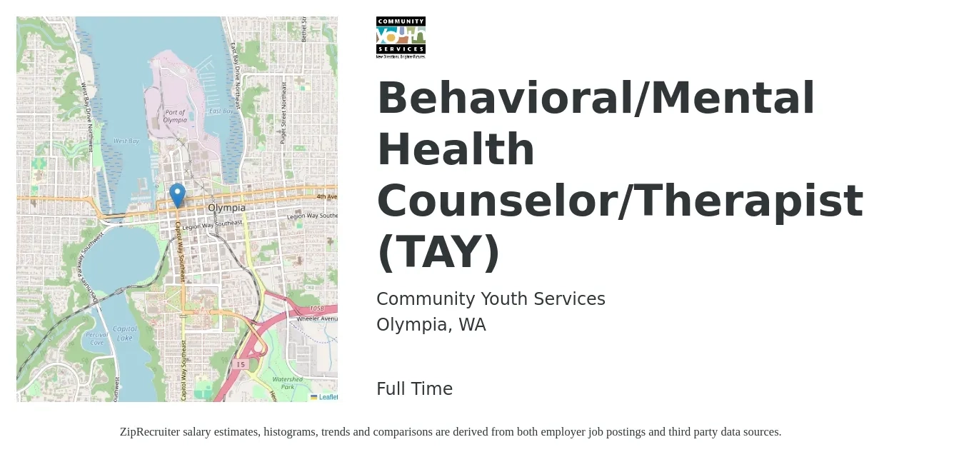 Community Youth Services job posting for a Behavioral/Mental Health Counselor/Therapist (TAY) in Olympia, WA with a salary of $6,325 Monthly with a map of Olympia location.