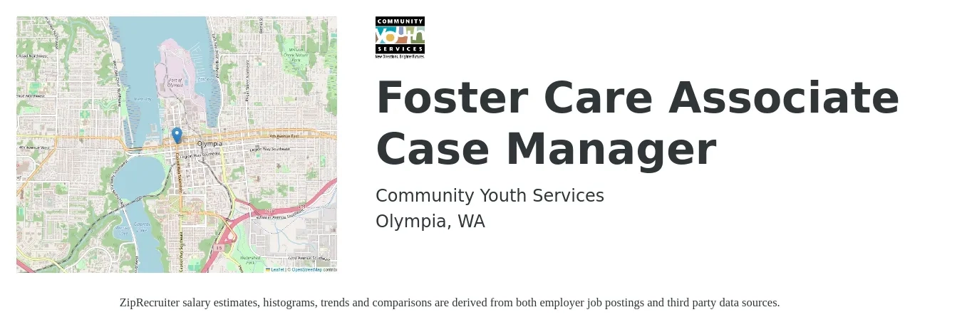 Community Youth Services job posting for a Foster Care Associate Case Manager in Olympia, WA with a salary of $20 Hourly with a map of Olympia location.