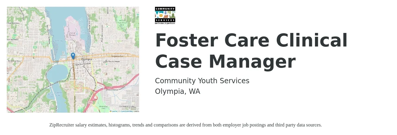 Community Youth Services job posting for a Foster Care Clinical Case Manager in Olympia, WA with a salary of $22 Hourly with a map of Olympia location.