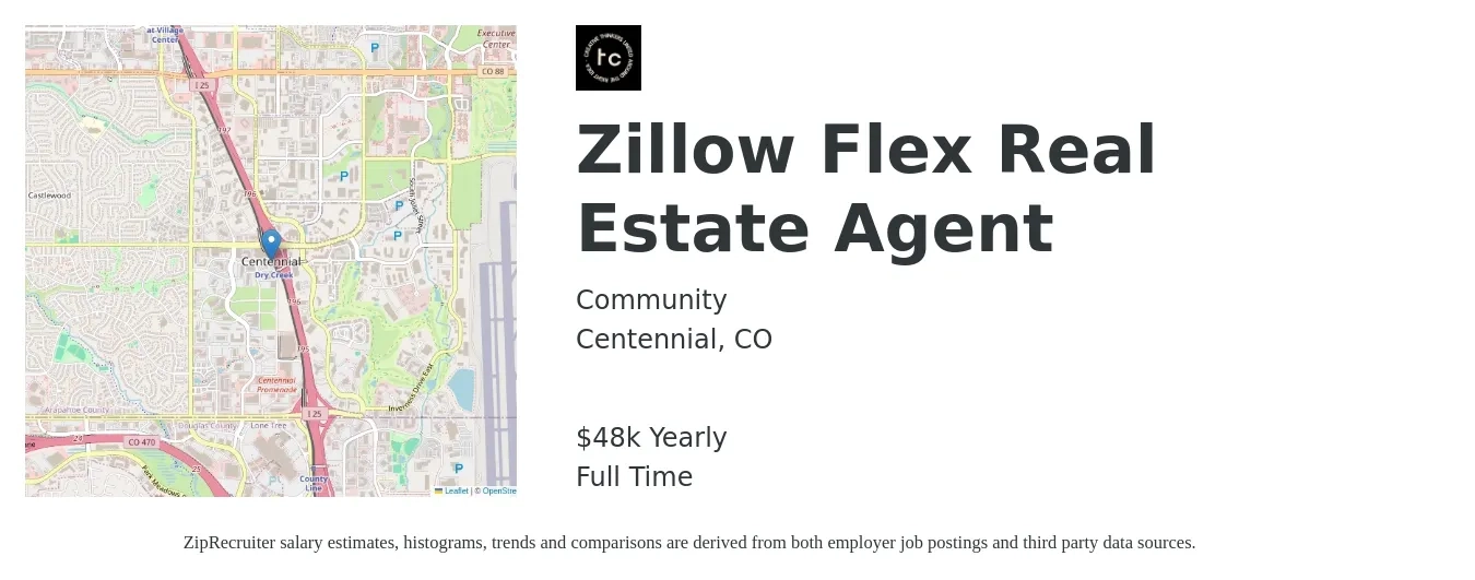 Community job posting for a Zillow Flex Real Estate Agent in Centennial, CO with a salary of $48,227 Yearly with a map of Centennial location.