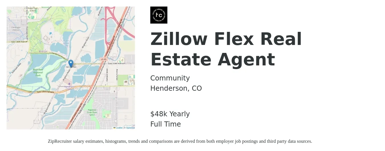 Community job posting for a Zillow Flex Real Estate Agent in Henderson, CO with a salary of $48,227 Yearly with a map of Henderson location.