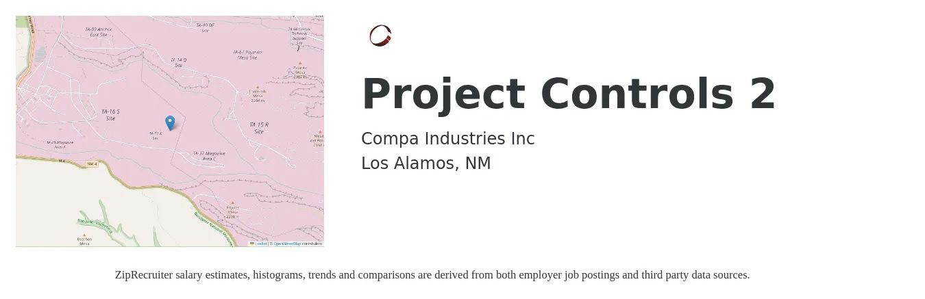COMPA Industries, Inc. job posting for a Project Controls 2 in Los Alamos, NM with a salary of $79,100 to $117,300 Yearly with a map of Los Alamos location.