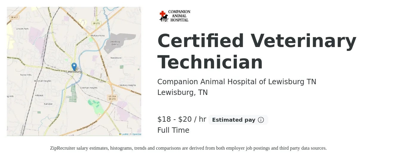 Companion Animal Hospital of Lewisburg TN job posting for a Certified Veterinary Technician in Lewisburg, TN with a salary of $19 to $21 Hourly (plus commission) and benefits including pto, and retirement with a map of Lewisburg location.