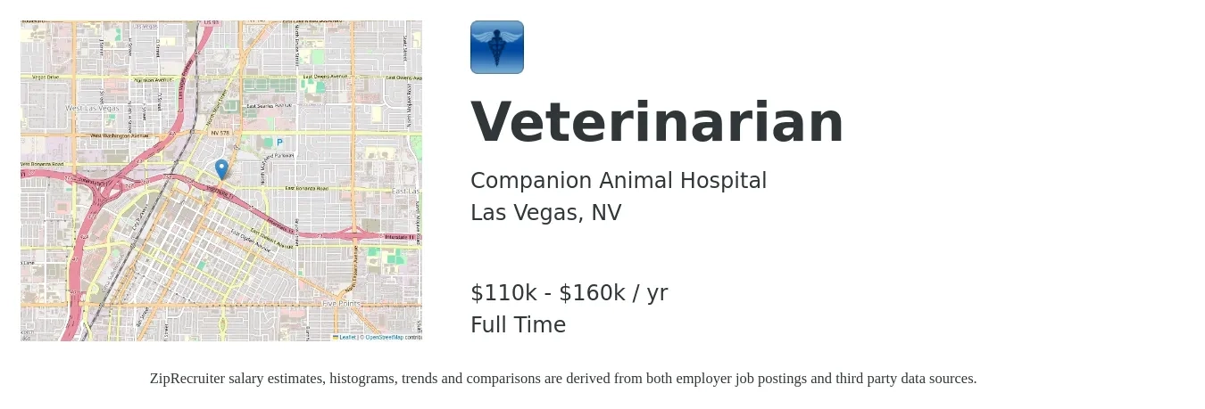 Companion Animal Hospital job posting for a Veterinarian in Las Vegas, NV with a salary of $110,000 to $160,000 Yearly with a map of Las Vegas location.