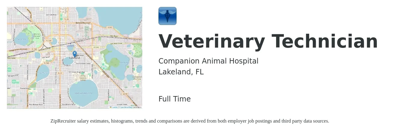 Companion Animal Hospital job posting for a Veterinary Technician in Lakeland, FL with a salary of $17 to $24 Hourly with a map of Lakeland location.