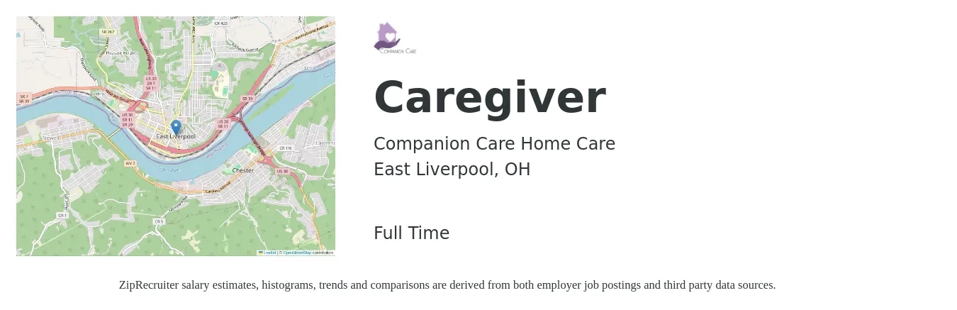 Companion Care Home Care job posting for a Caregiver in East Liverpool, OH with a salary of $13 to $16 Hourly with a map of East Liverpool location.
