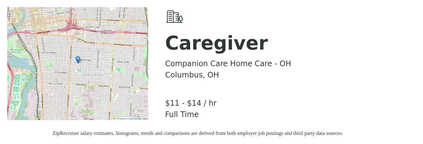 Companion Care Home Care - OH job posting for a Caregiver in Columbus, OH with a salary of $12 to $15 Hourly with a map of Columbus location.