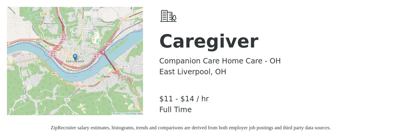 Companion Care Home Care - OH job posting for a Caregiver in East Liverpool, OH with a salary of $12 to $15 Hourly with a map of East Liverpool location.