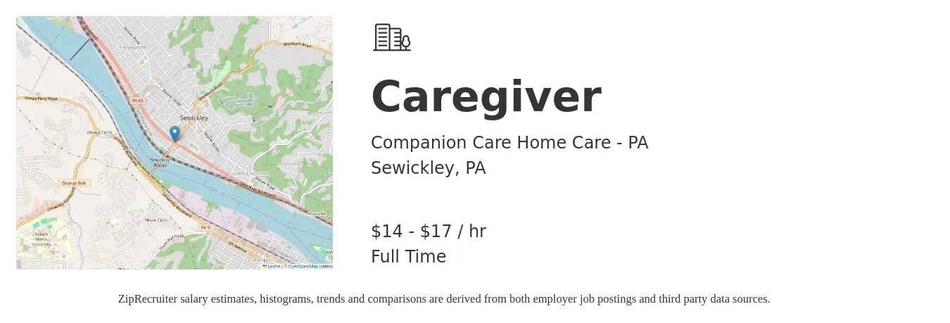 Companion Care Home Care - PA job posting for a Caregiver in Sewickley, PA with a salary of $15 to $18 Hourly with a map of Sewickley location.