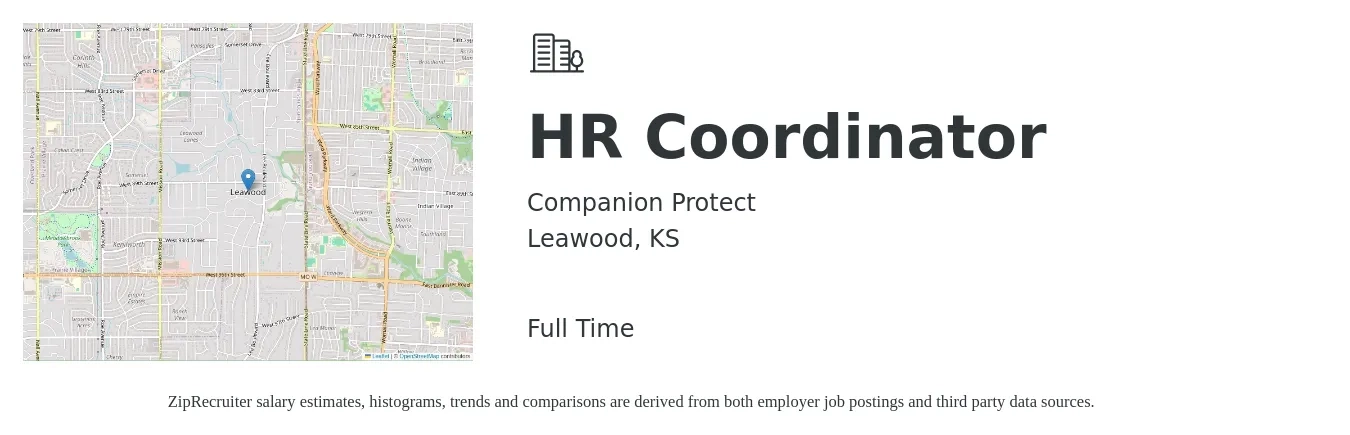 Companion Protect job posting for a HR Coordinator in Leawood, KS with a salary of $20 to $27 Hourly with a map of Leawood location.