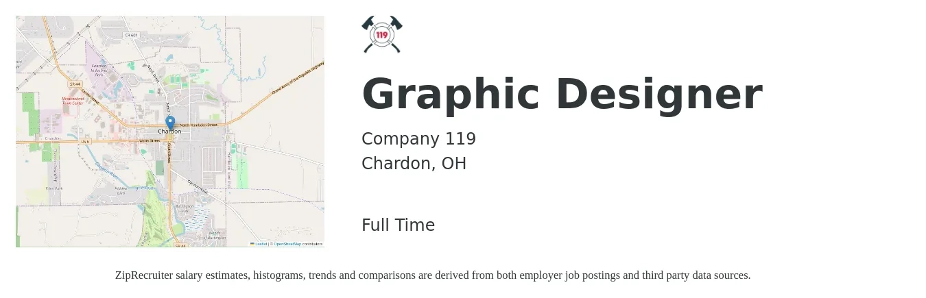 Company 119 job posting for a Graphic Designer in Chardon, OH with a salary of $50,000 to $65,000 Yearly with a map of Chardon location.
