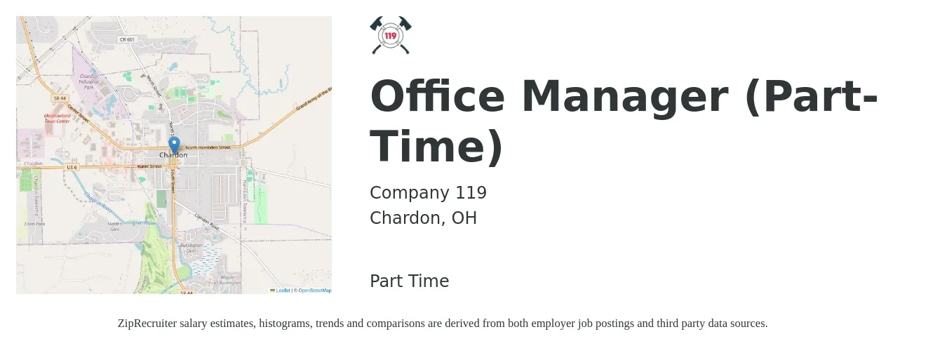 Company 119 job posting for a Office Manager (Part-Time) in Chardon, OH with a salary of $20 to $25 Hourly with a map of Chardon location.