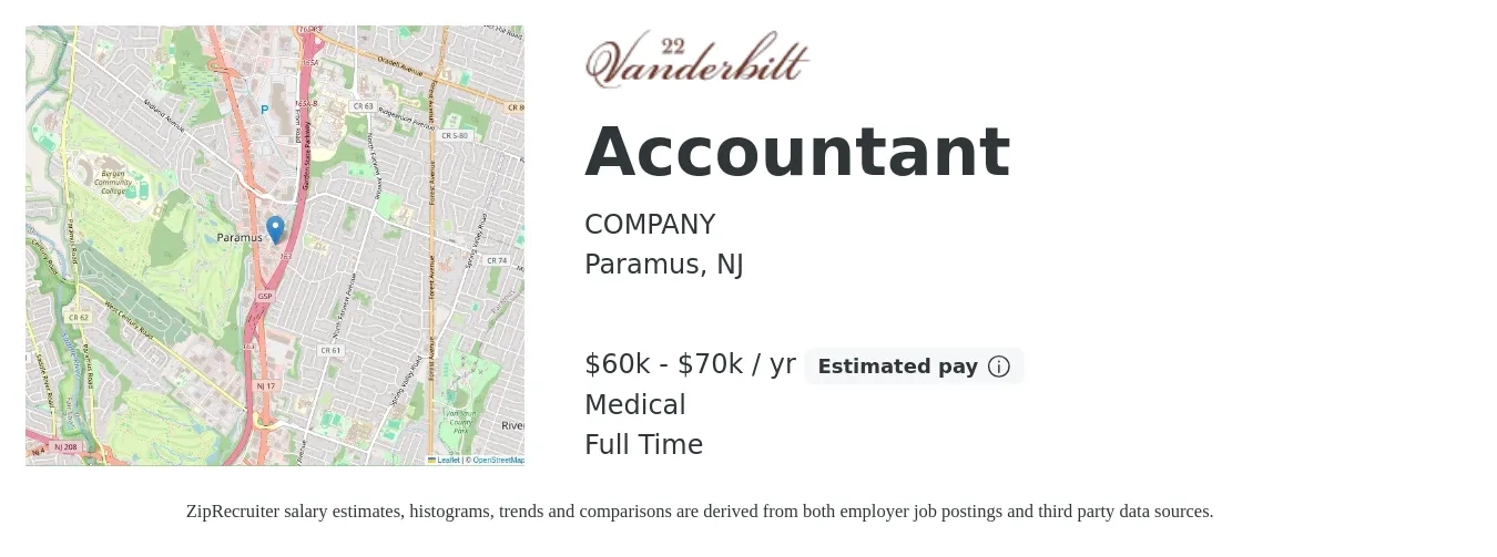 COMPANY job posting for a Accountant in Paramus, NJ with a salary of $60,000 to $70,000 Yearly and benefits including medical, and pto with a map of Paramus location.