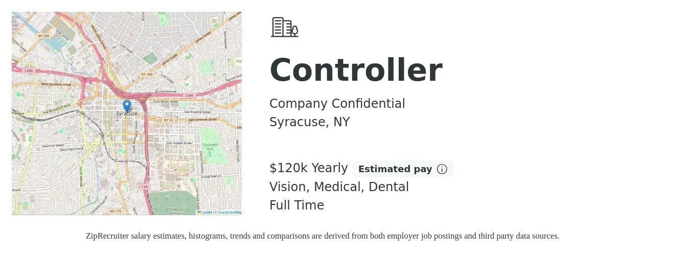 Company Confidential job posting for a Controller in Syracuse, NY with a salary of $120,000 Yearly and benefits including vision, dental, life_insurance, and medical with a map of Syracuse location.
