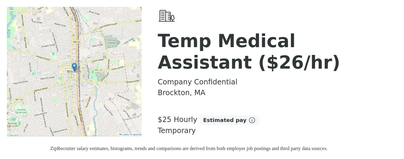 Company Confidential job posting for a Temp Medical Assistant ($26/hr) in Brockton, MA with a salary of $26 Hourly with a map of Brockton location.