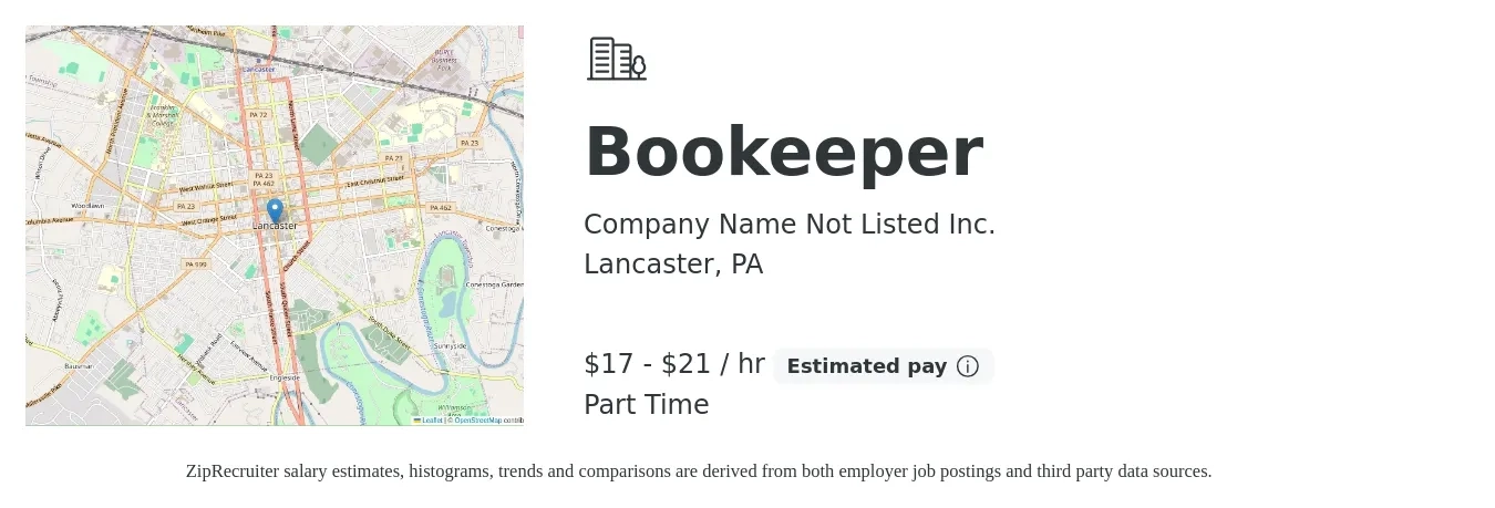 Company Name Not Listed Inc. job posting for a Bookeeper in Lancaster, PA with a salary of $18 to $22 Hourly with a map of Lancaster location.
