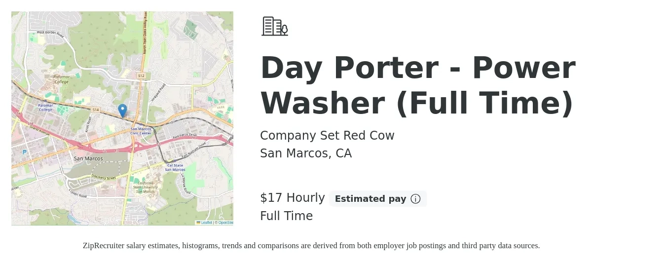 Company Set Red Cow job posting for a Day Porter - Power Washer (Full Time) in San Marcos, CA with a salary of $18 Hourly with a map of San Marcos location.