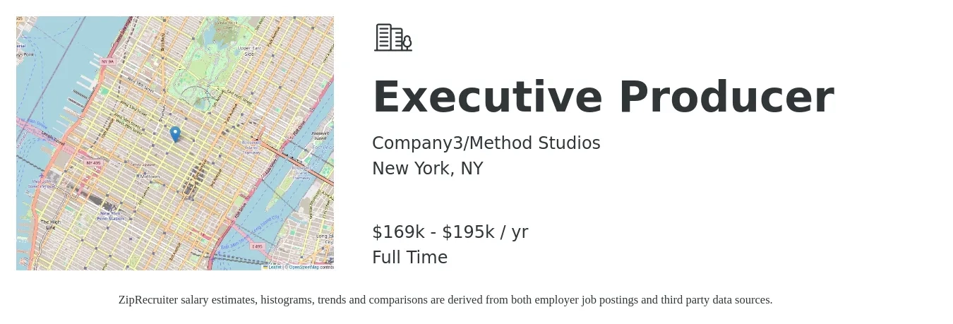 Company3/Method Studios job posting for a Executive Producer in New York, NY with a salary of $169,000 to $195,000 Yearly with a map of New York location.