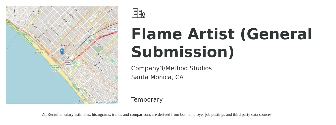 Company3/Method Studios job posting for a Flame Artist (General Submission) in Santa Monica, CA with a salary of $97 to $145 Hourly with a map of Santa Monica location.