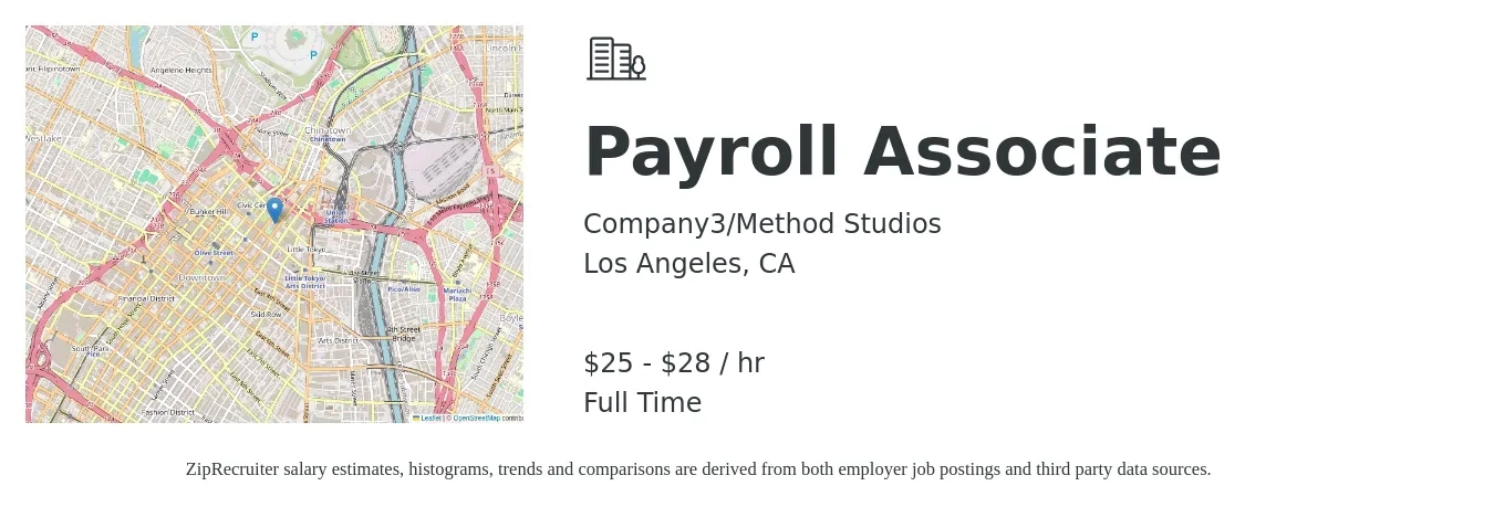 Company3/Method Studios job posting for a Payroll Associate in Los Angeles, CA with a salary of $26 to $30 Hourly with a map of Los Angeles location.