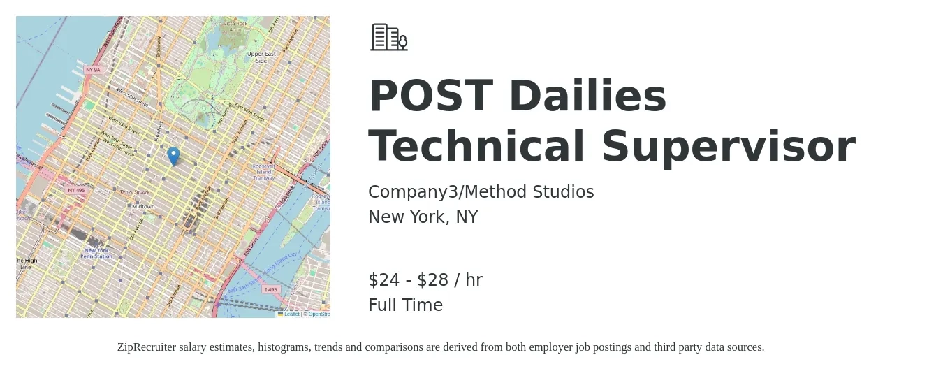 Company3/Method Studios job posting for a POST Dailies Technical Supervisor in New York, NY with a salary of $25 to $30 Hourly with a map of New York location.