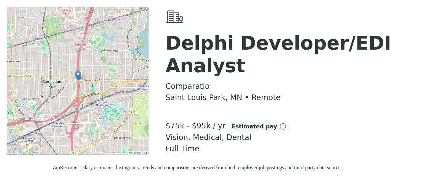 Comparatio job posting for a Delphi Developer/EDI Analyst in Saint Louis Park, MN with a salary of $75,000 to $95,000 Yearly and benefits including retirement, vision, dental, and medical with a map of Saint Louis Park location.