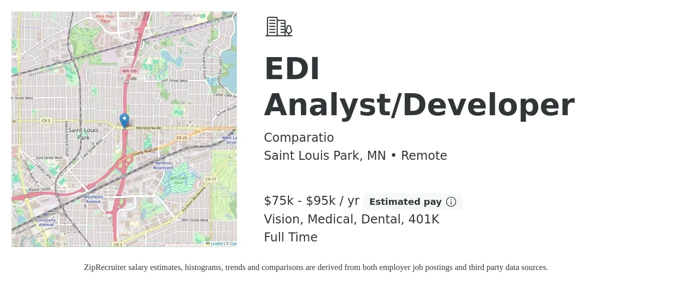 Comparatio job posting for a EDI Analyst/Developer in Saint Louis Park, MN with a salary of $75,000 to $95,000 Yearly and benefits including vision, 401k, dental, and medical with a map of Saint Louis Park location.