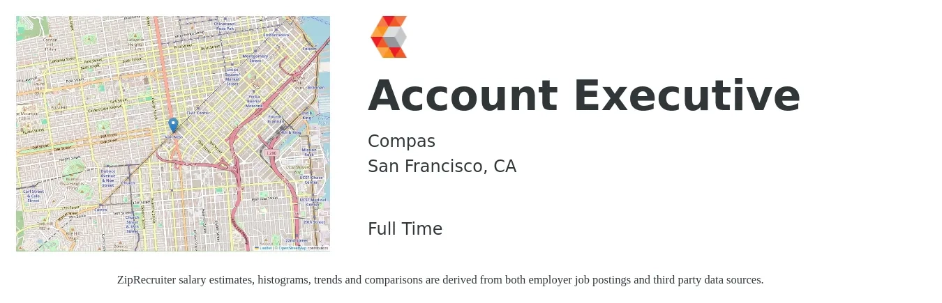 Compas job posting for a Account Executive in San Francisco, CA with a salary of $63,600 to $111,900 Yearly with a map of San Francisco location.