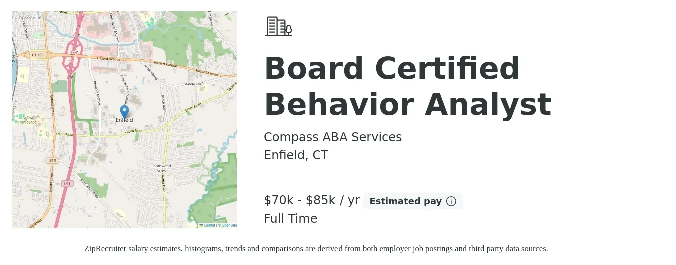Compass ABA Services job posting for a Board Certified Behavior Analyst in Enfield, CT with a salary of $70,000 to $85,000 Yearly with a map of Enfield location.