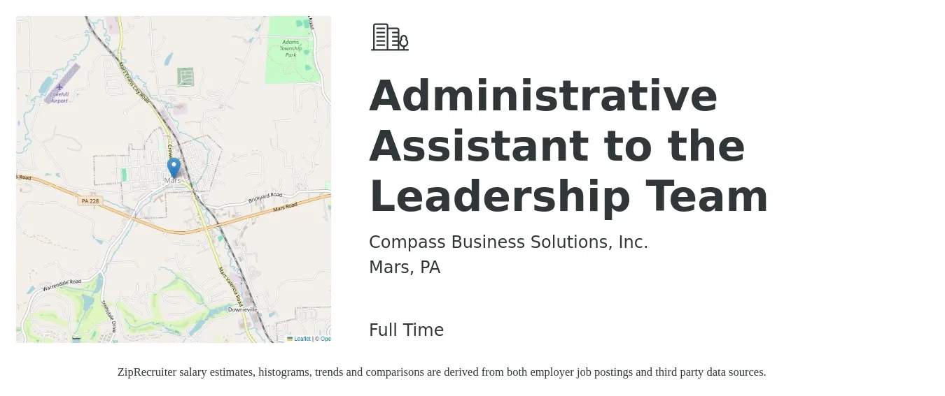 Compass Business Solutions, Inc. job posting for a Administrative Assistant to the Leadership Team in Mars, PA with a salary of $50,000 to $70,000 Yearly with a map of Mars location.