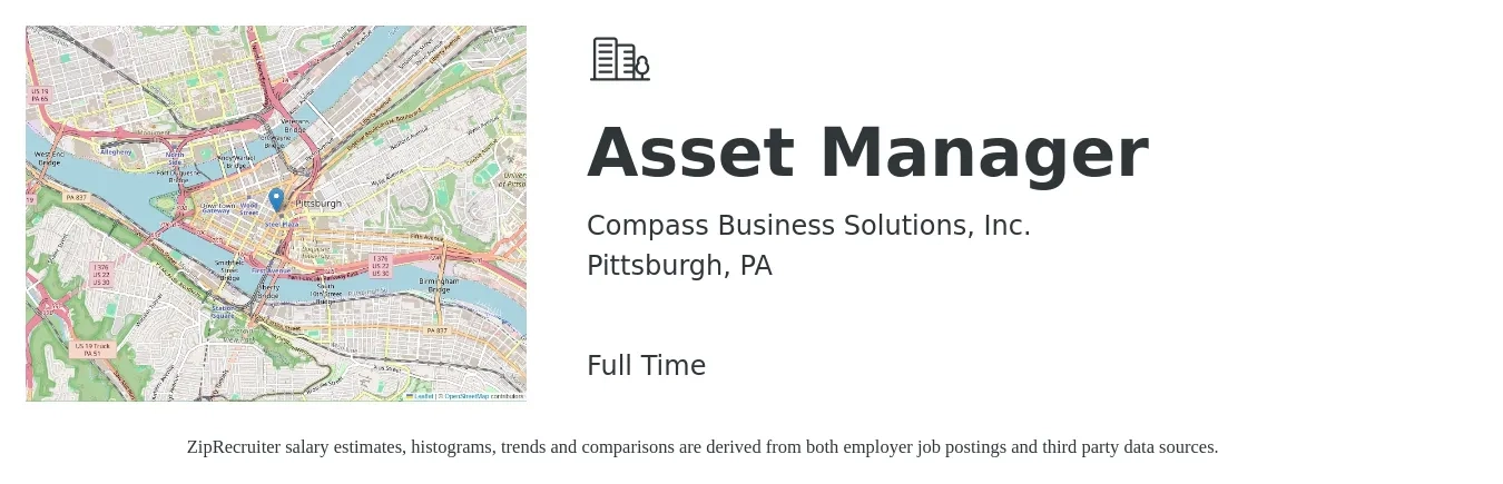 Compass Business Solutions, Inc. job posting for a Asset Manager in Pittsburgh, PA with a salary of $72,300 to $105,800 Yearly with a map of Pittsburgh location.