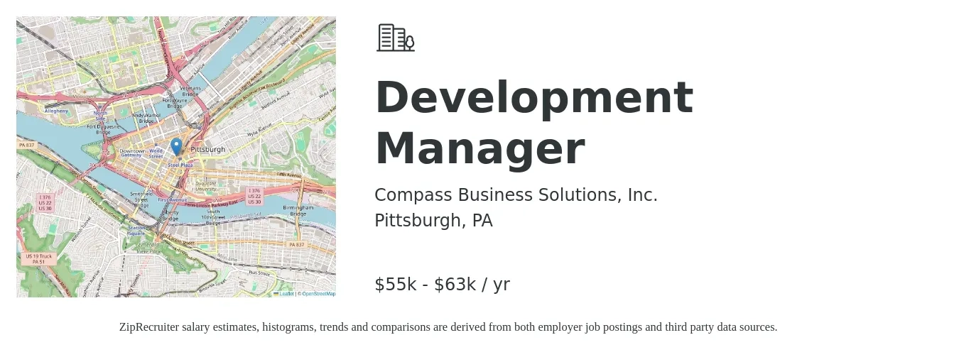 Compass Business Solutions Inc job posting for a Development Manager in Pittsburgh, PA with a salary of $55,000 to $63,000 Yearly with a map of Pittsburgh location.