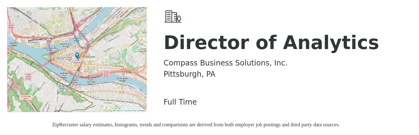 Compass Business Solutions, Inc. job posting for a Director of Analytics in Pittsburgh, PA with a salary of $108,700 to $174,700 Yearly with a map of Pittsburgh location.