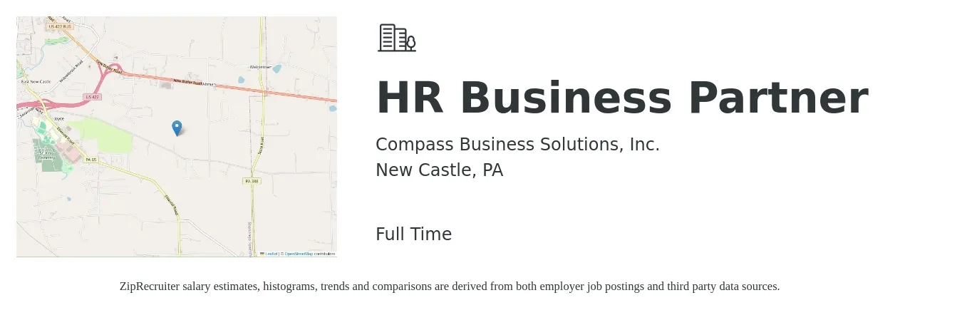 Compass Business Solutions, Inc. job posting for a HR Business Partner in New Castle, PA with a salary of $64,900 to $92,400 Yearly with a map of New Castle location.