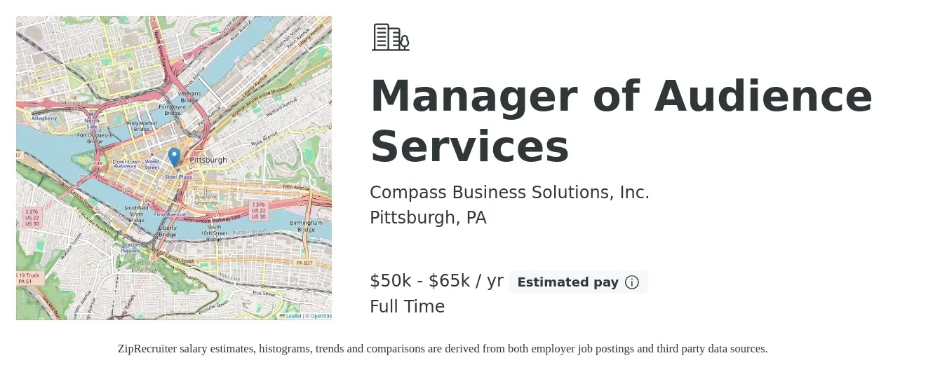 Compass Business Solutions, Inc. job posting for a Manager of Audience Services in Pittsburgh, PA with a salary of $50,000 to $65,000 Yearly with a map of Pittsburgh location.