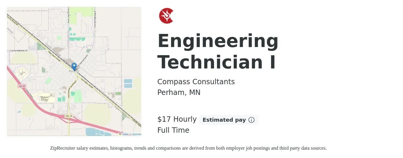 Compass Consultants job posting for a Engineering Technician I in Perham, MN with a salary of $18 Hourly with a map of Perham location.