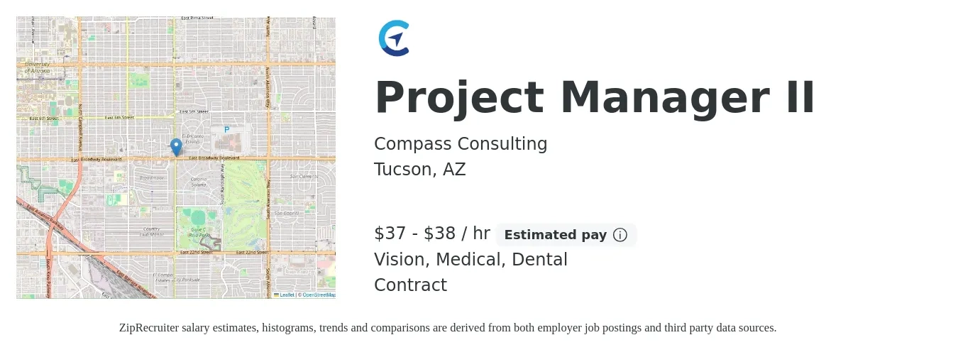 Compass Consulting job posting for a Project Manager II in Tucson, AZ with a salary of $39 to $40 Hourly and benefits including dental, life_insurance, medical, retirement, and vision with a map of Tucson location.