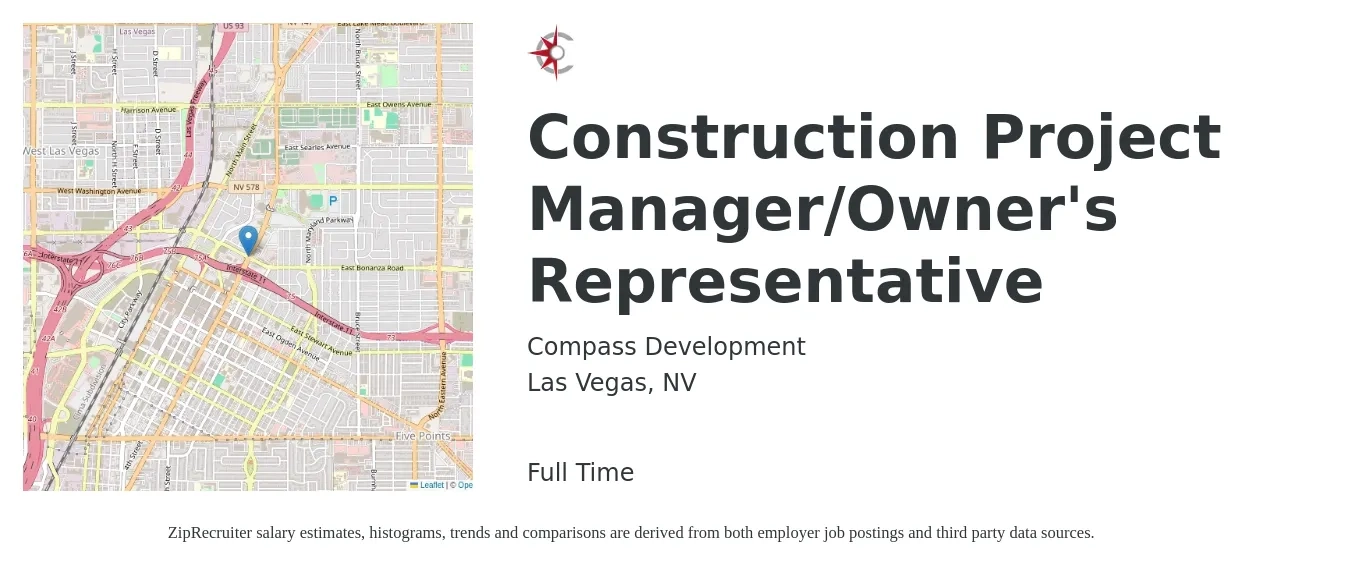 Compass Development job posting for a Construction Project Manager/Owner's Representative in Las Vegas, NV with a salary of $100,000 to $130,000 Yearly with a map of Las Vegas location.
