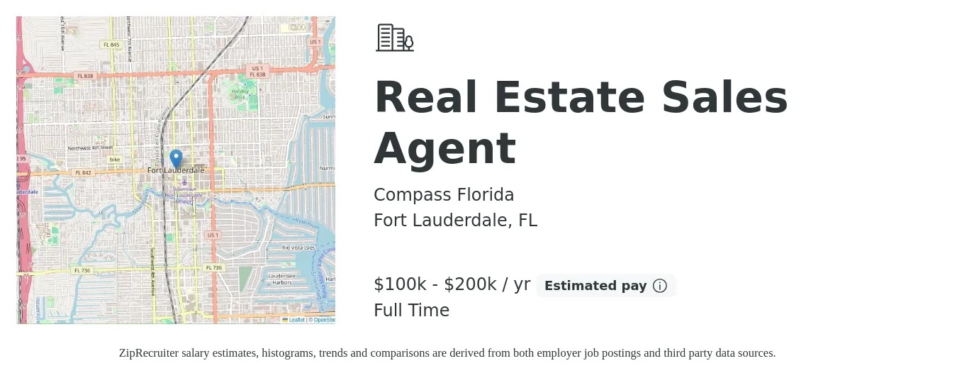 Compass Florida job posting for a Real Estate Sales Agent in Fort Lauderdale, FL with a salary of $100,000 to $200,000 Yearly with a map of Fort Lauderdale location.