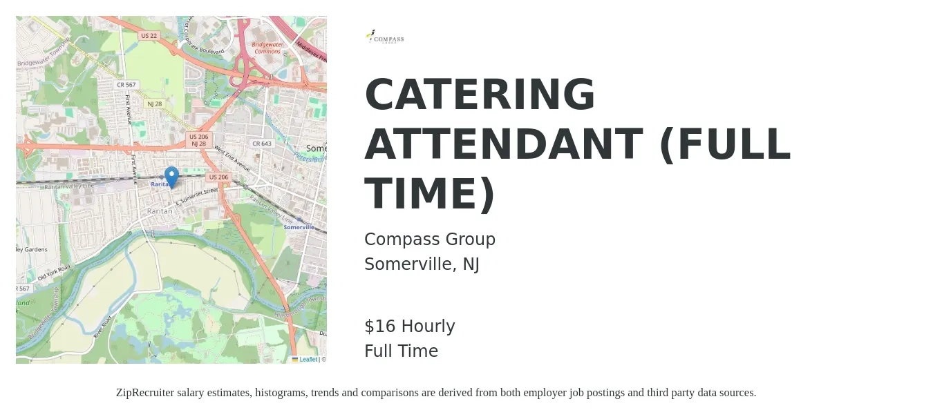 Compass Group job posting for a CATERING ATTENDANT (FULL TIME) in Somerville, NJ with a salary of $17 Hourly with a map of Somerville location.