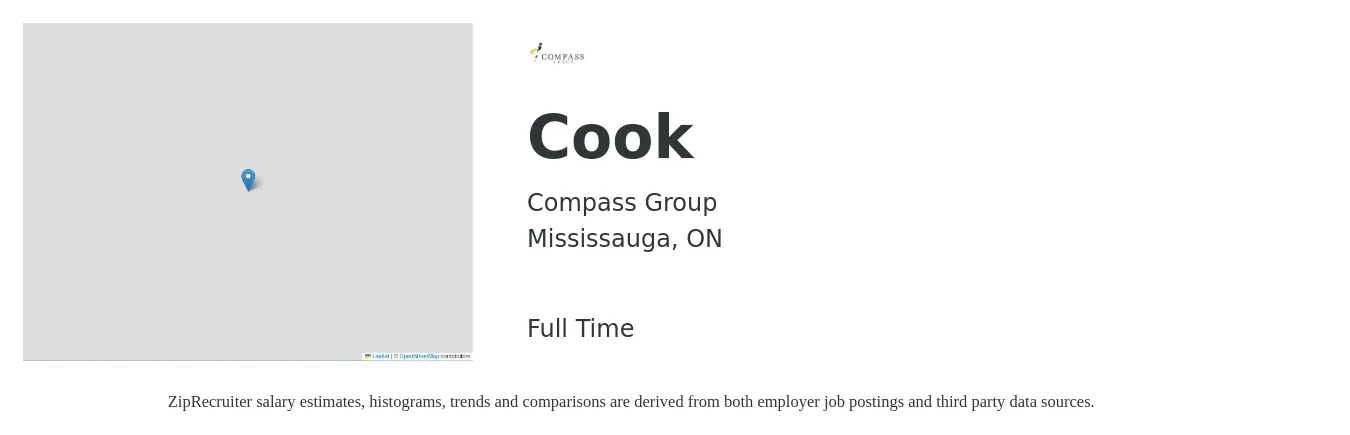 Compass Group job posting for a Cook in Mississauga, ON with a salary of $20 Hourly with a map of Mississauga location.