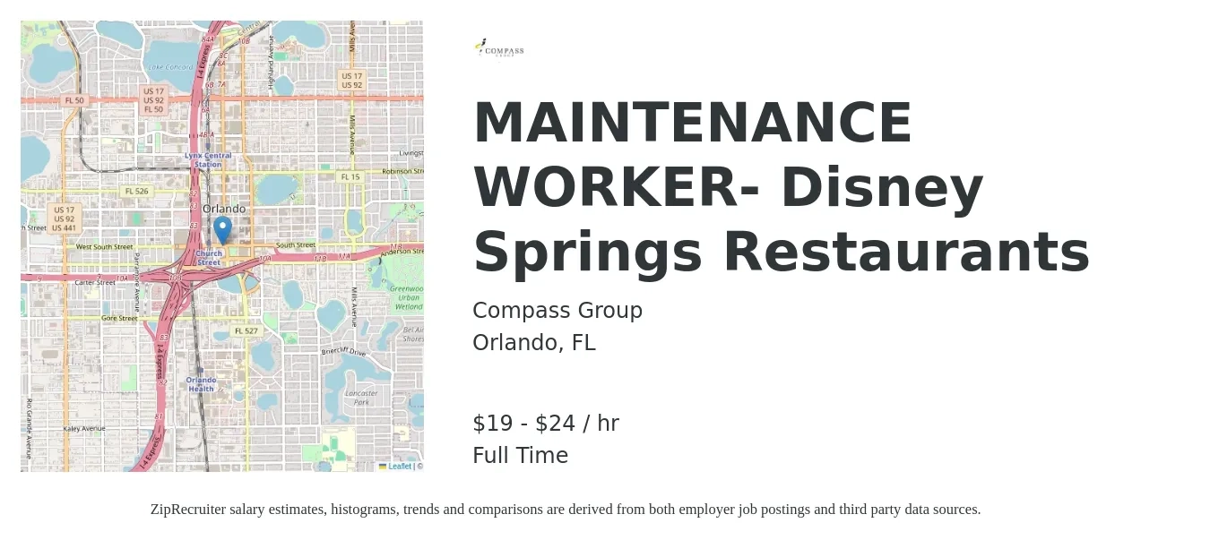 Compass Group job posting for a MAINTENANCE WORKER- Disney Springs Restaurants in Orlando, FL with a salary of $20 to $25 Hourly with a map of Orlando location.